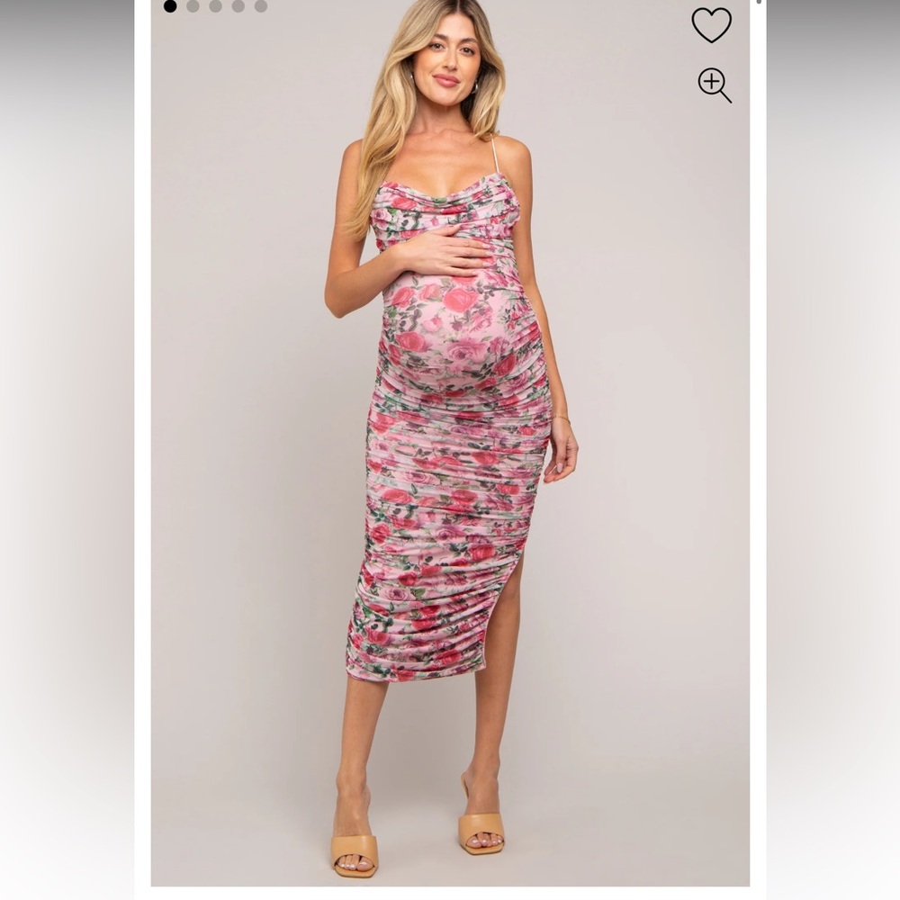 Pink Floral Mesh Ruched Criss Cross Back Maternity Midi Dress
